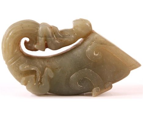 A carved Jade Cornucopia shaped POSY VASE with reclining figure 14.5cm across by 8cm high&nbsp;