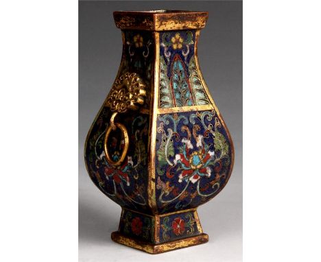 An 18th Century Chinese Cloisonne enamel and gilt brass miniature square&nbsp;baluster footed VASE with ring side handles 9.5