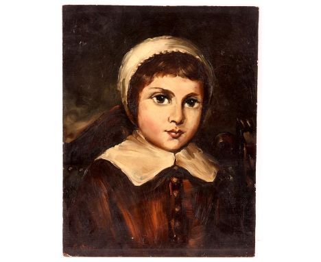 R ORTON OIL ON BOARDBust portrait of a young girl with white collar and bonnet&nbsp;36cm by 28cm signed - unframed