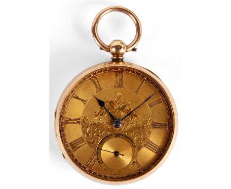 An Victorian 18ct gold half hunter POCKET WATCH with engraved and engine turned dial with Roman numerals and subsidiary secon