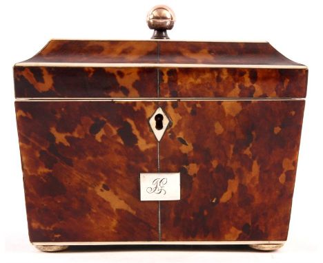 A late Regency Ivory strung Tortoiseshell TEA CADDY of sarcophagus form with centre ball finial and lined inner lid, with a d