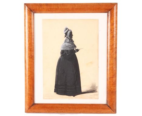 An early 19th Century full length painted SILHOUETTE SIDE PORTRAIT of a lady, wearing a white crimped shawl and bonnet 21cm b