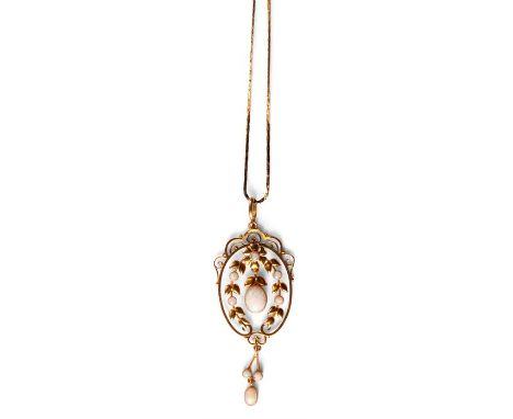 A 9ct Yellow Gold and Opal PENDANT with fine neck CHAIN of delicate oval filigree design with flower head and leaf work sides