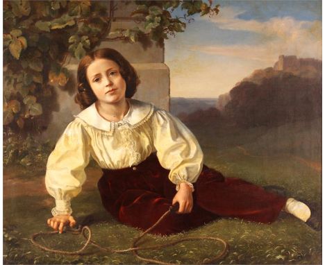 19TH CENTURY CONTINENTAL SCHOOL - OIL ON CANVAS Seated portrait&nbsp;of a young girl with a skipping rope in a landscape sett