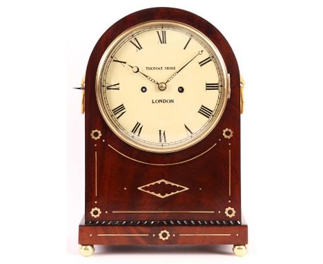 THOMAS MOSS, LONDON A late Regency ebony strung and brass inlaid Mahogany arch top eight day BRACKET CLOCKwith gilt brass sid