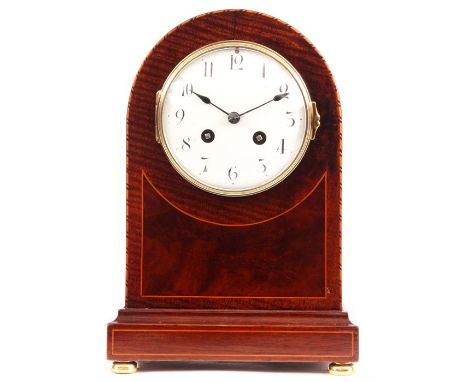 A late 19th Century&nbsp;inlaid&nbsp;&nbsp;MAHOGANY MANTEL CLOCK the arch-top case with panelled front and plinth base on fla