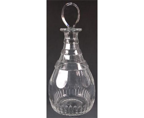 A 19th Century Regency large mallet-shaped DECANTER with lozenge STOPPER the facet-cut body with triple ring neck 33cm high