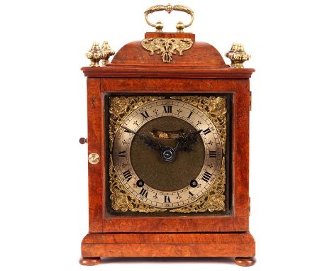 A late 17th Century style Burr Walnut small caddy top BRACKET/MANTEL CLOCK&nbsp;with brass mounts, folding handle and corner 