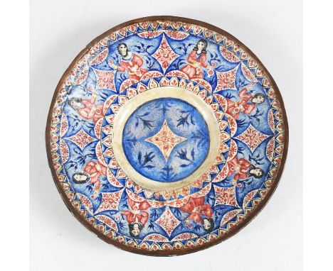 A 19TH CENTURY PERSIAN QAJAR CIRCULAR ENAMEL COPPER DISH, the front decorated with eight young ladies and motifs, the reverse
