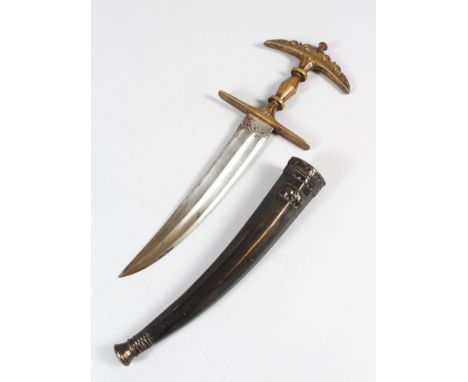 A LATE 19TH CENTURY INDIAN KHANJARLI DAGGER, with brass handle, 38cm long.