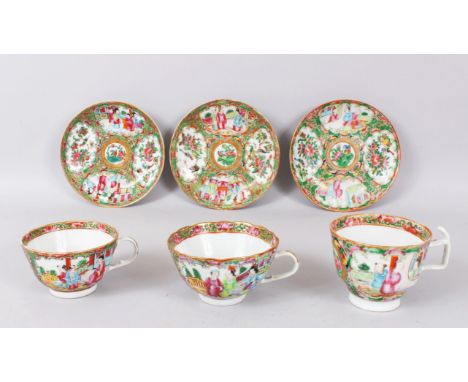 THREE VARIOUS CANTON CUPS AND SAUCERS.