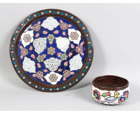 A SYRIAN DAMASCUS 19TH CENTURY CIRCULAR ENAMEL COPPER TRAY, 29cm diameter and a bowl, the sides decorated with birds, 12cm di