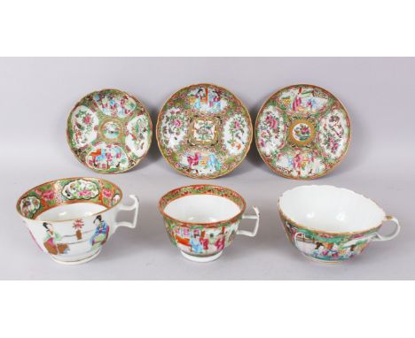 THREE LARGE CANTON CUPS AND SAUCERS.