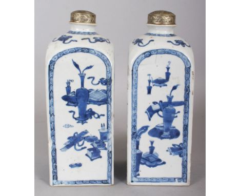 A GOOD PAIR OF LATE 17TH CENTURY CHINESE BLUE &amp; WHITE SQUARE SECTION PORCELAIN FLASKS, with rounded shoulders and silvere