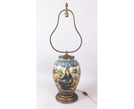 A LARGE PERSIAN QAJAR POTTERY VASE converted to a lamp, 13cm high.