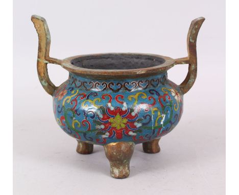 A CHINESE CLOISONNE ENAMEL TWO HANDLED CIRCULAR CENSER, on three legs.