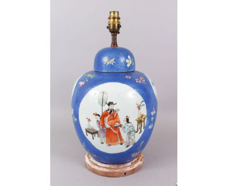 A GOOD 19TH CENTURY CHINESE FAMILLE ROSE VASE AND COVER, converted to a lamp. 40cm high.