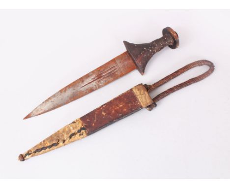 A PERSIAN DAGGER, PROBABLY 19TH CENTURY, with wood hilt and leather scabbard