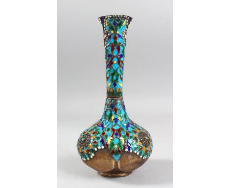 A SMALL 19TH CENTURY ENAMEL AND SILVERED PERSIAN BOTTLE VASE with cloisonn decoration and seed pearls., 18cm high.