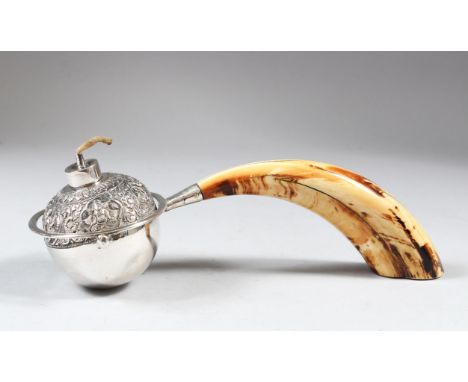 A 19TH CENTURY SOUTH INDIAN SILVER MOUNTED BOARS TUSK CIGAR LIGHTER, 23cm long.