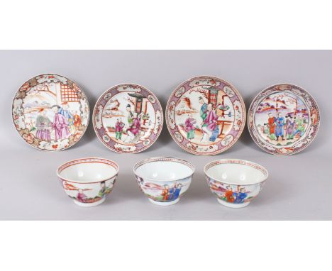 THREE CHIEN LUNG FAMILLE ROSE TEA BOWLS AND SAUCERS and A SAUCER (7).