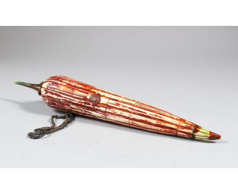 A 19TH CENTURY INDIAN POLYCHROME CARVED IVORY POWDER FLASK in the form of a red pepper, 26cm long.