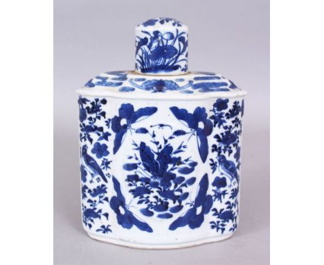 A 19TH CENTURY CHINESE BLUE &amp; WHITE PORCELAIN TEA CADDY &amp; COVER, of shaped oval section, the sides painted with butte