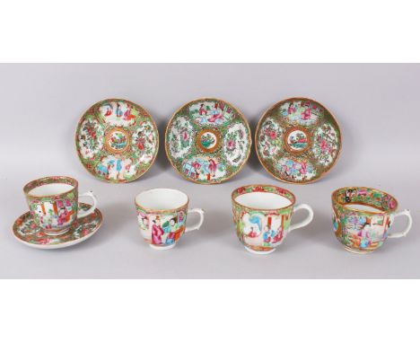 FOUR CANTON CUPS AND SAUCERS, painted with figures, birds, butterflies and flowers (8).