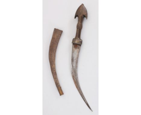 A CAUCASIAN DAGGER (JAMBIYA), LATE 19TH CENTURY, the curved blade with diamond section, the carved horn hilt with pointed pom