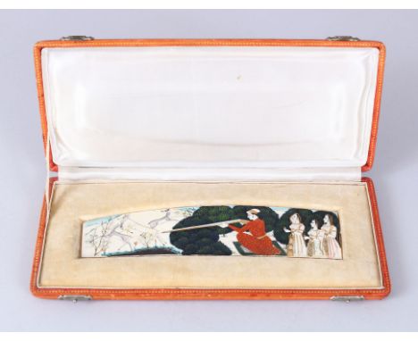 A GOOD QUALITY INDO PERSIAN HAND PAINTED IVORY SLITHER c1900, depicting A man sat with his gun amongst women hunting deer, pr