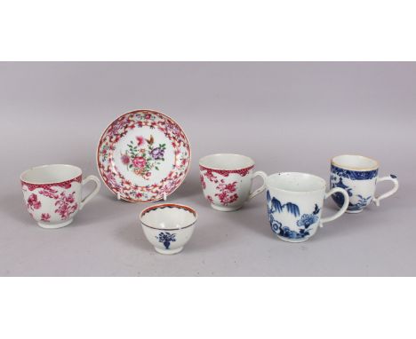 AN 18TH CENTURY CHINESE MANDARIN FAMILLE ROSE CUPS AND SAUCERS, three cups and a small bowl (4).