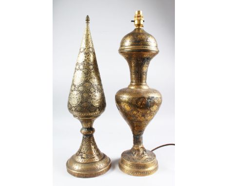 TWO 19TH CENTURY PERSIAN QAJAR CHASED AND PIERCED BRASS PIECES, one converted to a lamp.