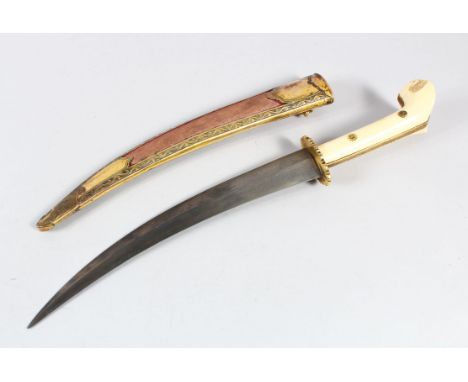 AN 18TH-19TH CENTURY OTTOMAN TURKISH IVORY HILTED TOMBAK DAGGER, in sheath, 40cm long.