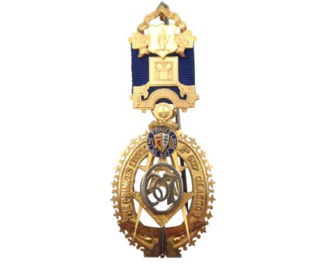 An 18ct gold The Princes Lodge No. 607 Glasgow Masonic jewel, by R. &amp; W. Sorley, engraved verso "Presented to Brother Wil