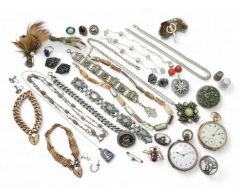 Collection of silver and white metal jewellery, including a Viking ship brooch (af), a grouse claw brooch, a Scottish-themed 