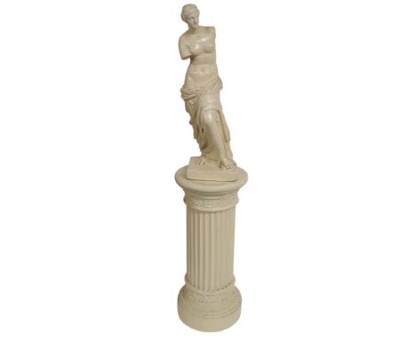 A 20th century ceramic statue of a classical nude 82cm high on painted plaster pedestal in the form of a Roman column, 87cm h