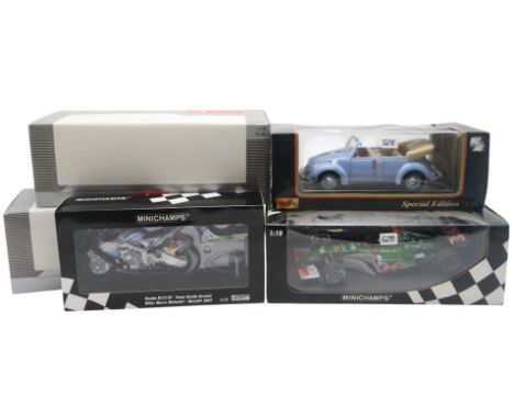 A Minichamps 1:18-scale Jaguar Racing R5 M. Webber F1 car, two A Model Lotus 49B U.S.A. G.P. 68 Mario Andretti cars and a Mai