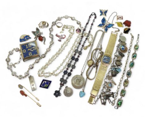 Collection of costume jewellery, including a blue dial Splendex ladies watch,&nbsp;a silver and white metal charm bracelet, a