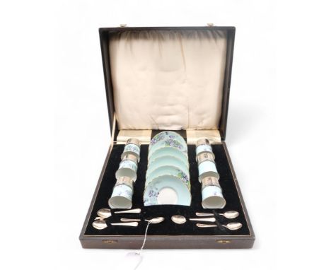 A silver-mounted Paragon Violetta pattern coffee set, the silver by Barker brothers, Birmingham 1949, 179gms Condition Report