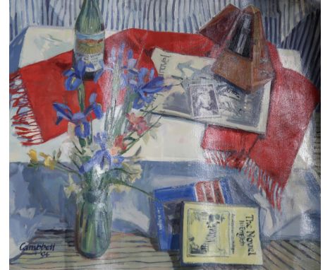 SCOTTISH CONTEMPORARY SCHOOL &nbsp;STILL LIFE WITH FLOWER, BOOKS AND METRONOME &nbsp;Oil on canvas, signed 'Campbell' lower l