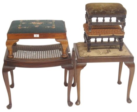 A lot comprising a bergere stool, two assorted tapestry upholstered stools and two small upholstered stool (5) Condition Repo