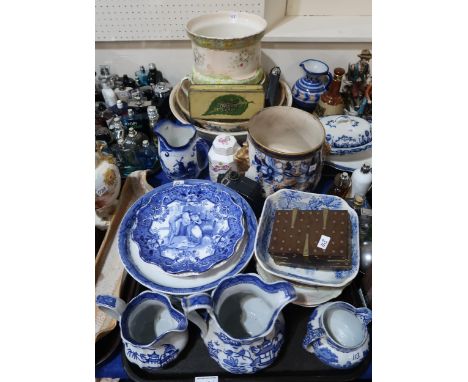 A Nautilus pottery blue and white jardiniere with lions head handles, other transfer printed items including Royal Doulton No