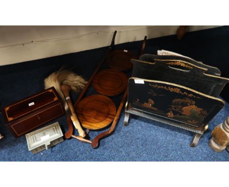 A mahogany cake stand, a Japanned magazine rack, a Secessionist style white metal box, a inlaid converted tea caddy, New Cumn