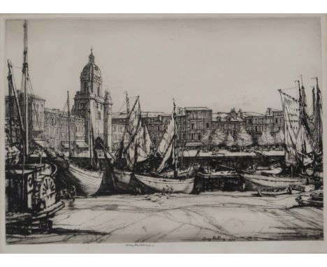 HENRY RUSHBURY ARA RSW RE (ENGLISH 1889-1968) &nbsp;LOW TIDE, LA ROCHELLE &nbsp;Etching, signed lower centre, 25 x 34cm &nbsp