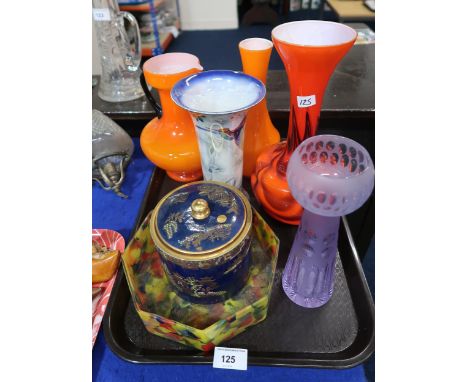 A Carlton Ware biscuit barrel, assorted orange glass vases, a Burleighware vase decorated with Hummingbirds etc Condition Rep