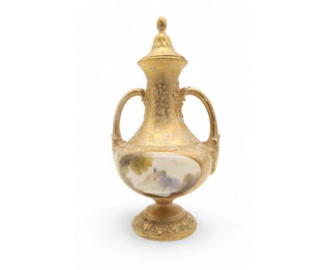 A Royal Worcester twin handled urn and cover, painted with a castle on a rock, signed Rishton, shape no 2021 Condition Report
