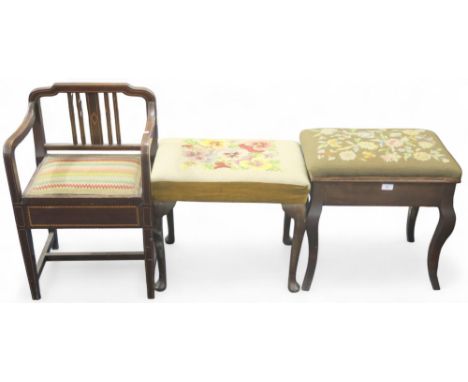 A lot of two assorted early 20th century tapestry upholstered stools on serpentine supports and an upholstered bedroom chair 