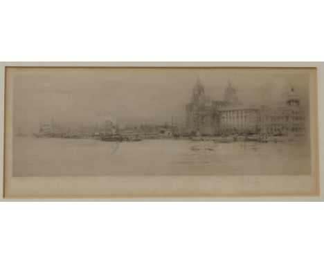 WILLIAM WALCOT RBA RE (BRITISH 1874-1943) &nbsp;THE MERSEY &nbsp;Etching, signed lower right, 14 x 34cm &nbsp;Title inscribed