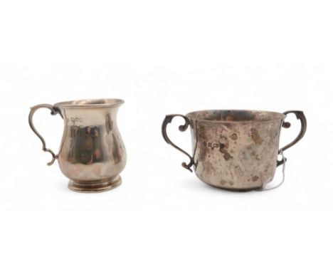 A silver porringer, by William Hutton &amp; Sons, Birmingham 1919, with s-scroll handles, 12cm, and a silver christening mug,