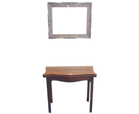 A lot comprising a 19th century mahogany and satinwood inlaid fold-over card table with serpentine top on square chamfered su